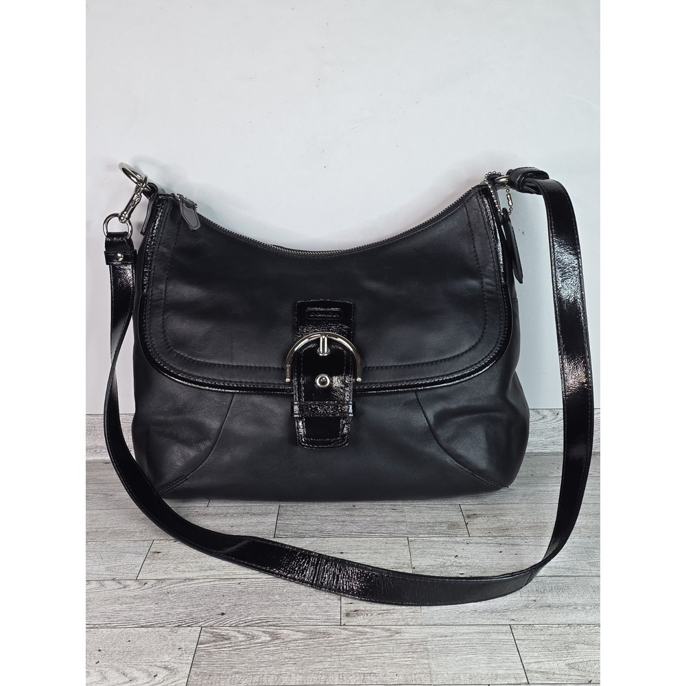 Coach Soho F19580 leather flap duffle Crossbody bag black w. patent leather Trim